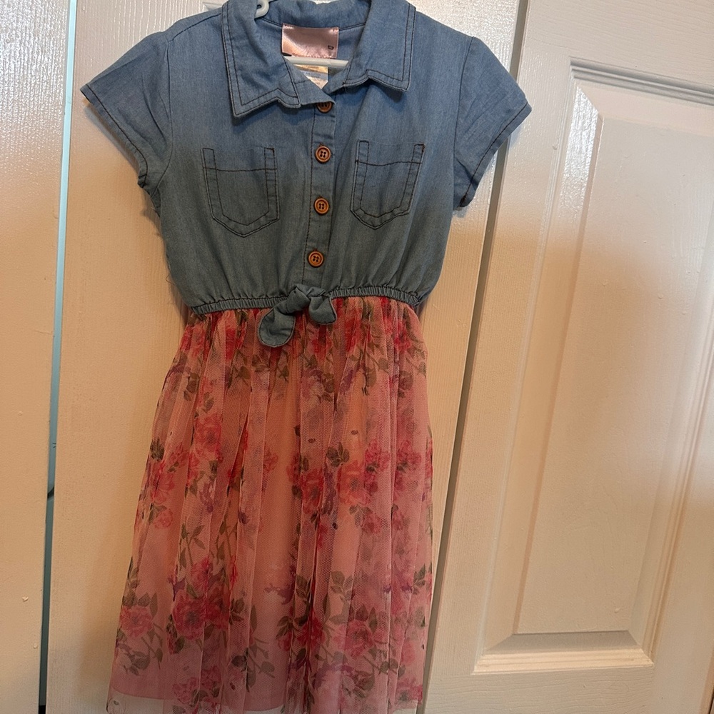 Chic Denim and Pink Floral Kids Dress